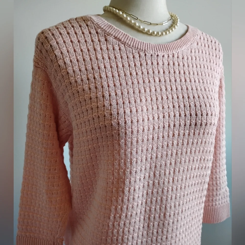 Talbots Cotton Blend Basket Weave Knit 3/4 Sleeve Pastel Pink Sweater Sz Medium - Picture 5 of 17